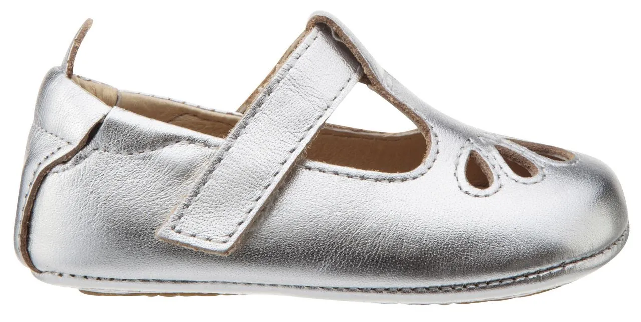 Old Soles Girl's 053 T-Petal Cut-Out Detail Silver Leather Mary Jane Flats