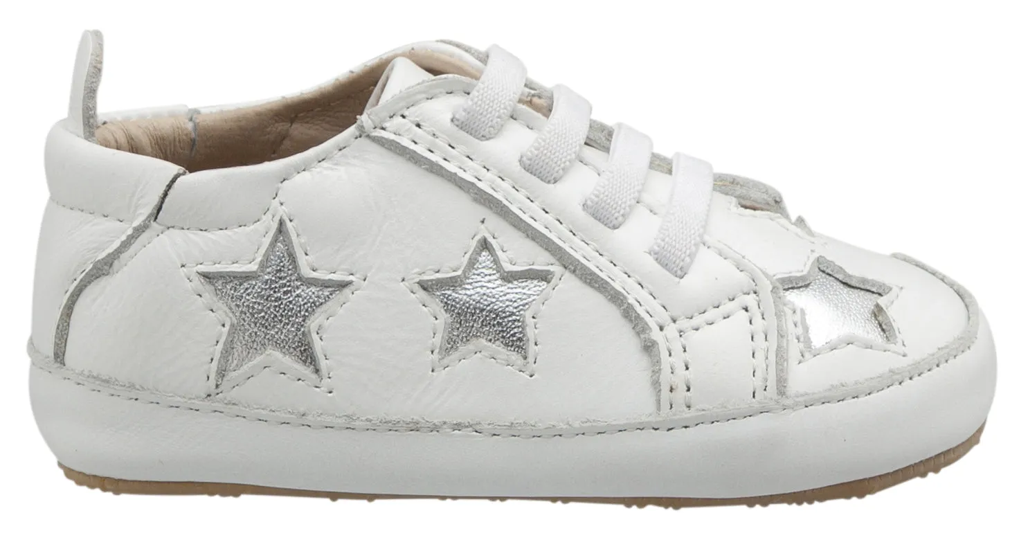 Old Soles Girl's & Boy's 0024R Starey Bambini White with Silver Stars Leather Elastic Slip On Sneakers