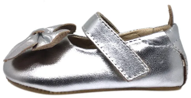 Old Soles Girl's Silver Leather Gab Bow Hook and Loop Mary Jane Crib Walker Baby Shoe