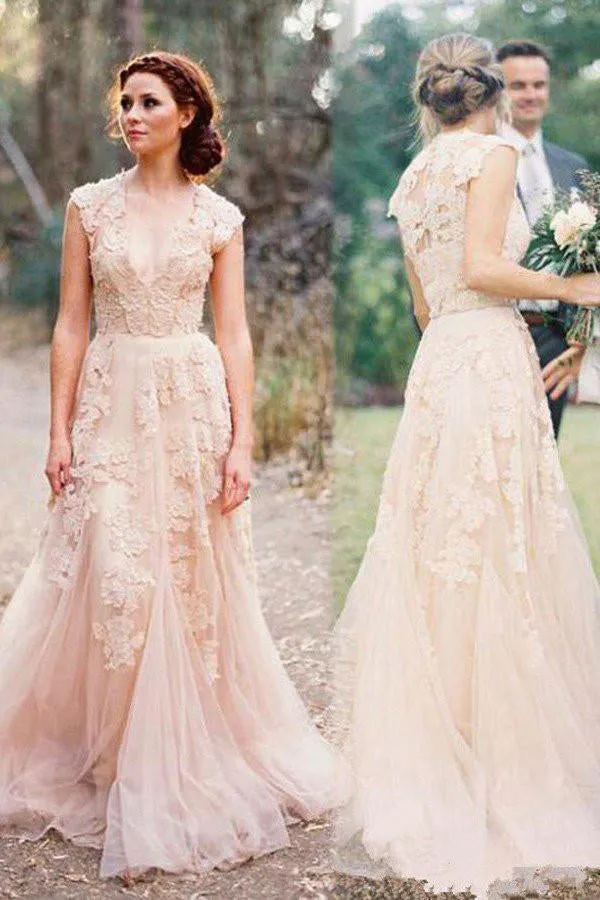 Pearl Pink A Line V-neck Sleeveless Floor-Length Tulle Wedding Dresses With Lace Appliques OK379