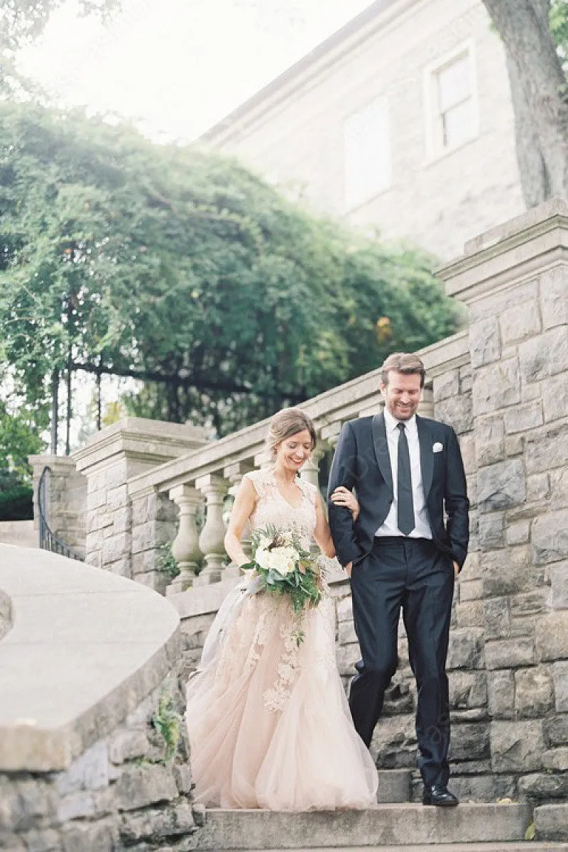 Pearl Pink A Line V-neck Sleeveless Floor-Length Tulle Wedding Dresses With Lace Appliques OK379