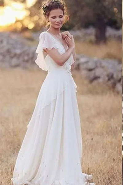 Princess A Line Chiffon Lace Backless Ivory Beach/Coast Wedding Dress,Summer Wedding Gown OK266