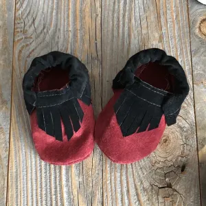 ruby-burgundy and black fringe mocs 6-12m