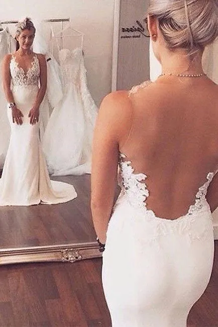 Sexy Mermaid Lace Sheer Back Long Ivory Beach/Coast Wedding Dresses OK268