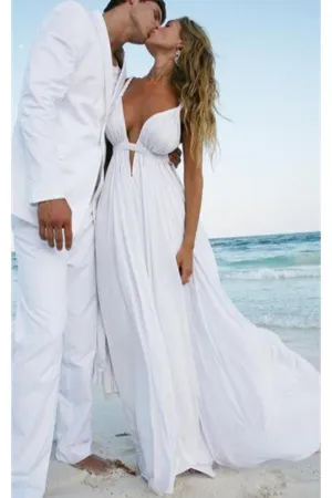 Sexy White Chiffon Deep V-neck Elegant Plus Size Beach Wedding Dress OK272