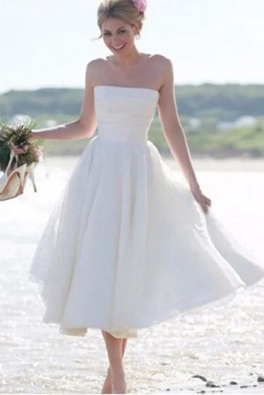 Simple Strapless A Line Tea Length Short Ivory Summer Beach/Coast Wedding Dress OK269