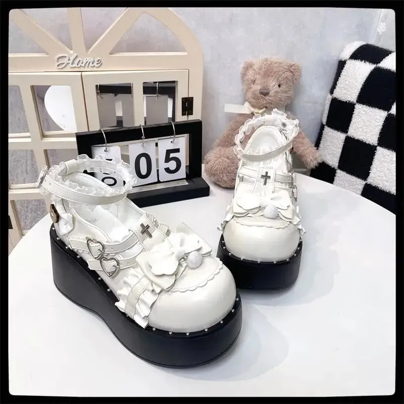 Sohiwoo Lovely Girls Lolita Gothic Shoes Monk Straps High Heels Cute Bowknots Cross Lace Flat Platform Mary Jane Shoes