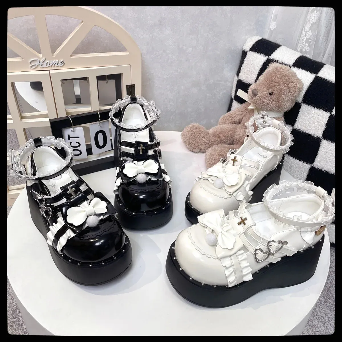 Sohiwoo Lovely Girls Lolita Gothic Shoes Monk Straps High Heels Cute Bowknots Cross Lace Flat Platform Mary Jane Shoes