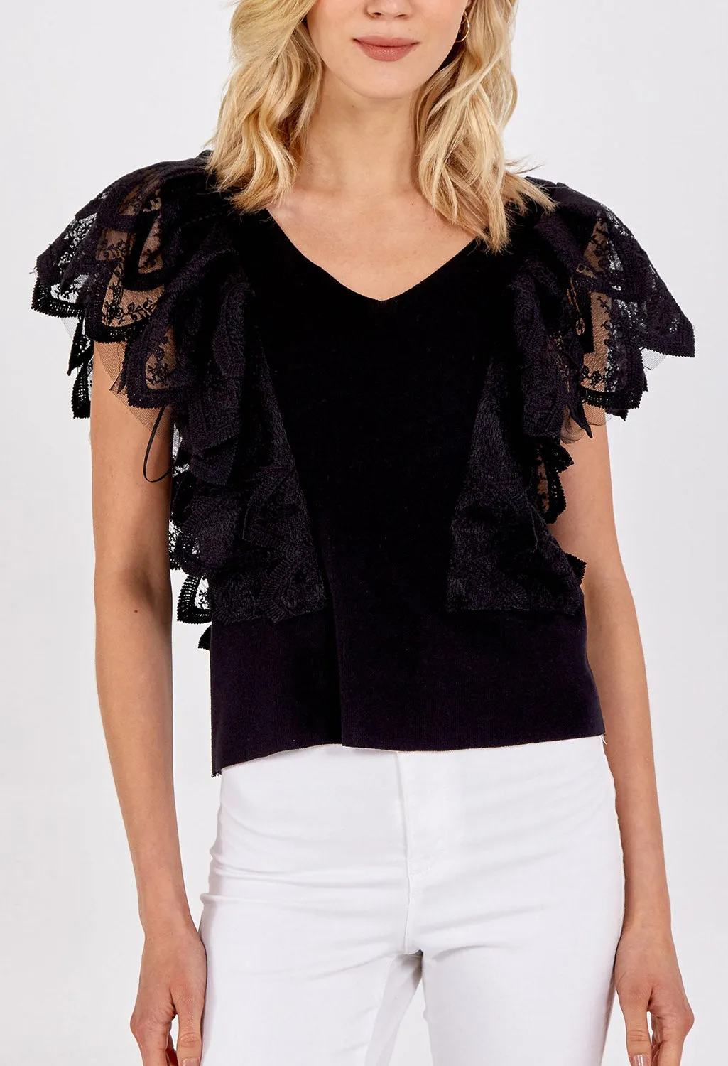 V-Neck Lace Shoulder Detail Top-1