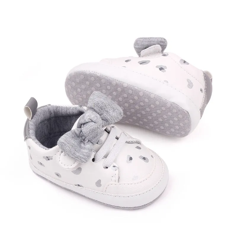 White & Gray Baby Crib Shoe Toddler Loafers Cute Bows Sneakers Booties BTS9096B