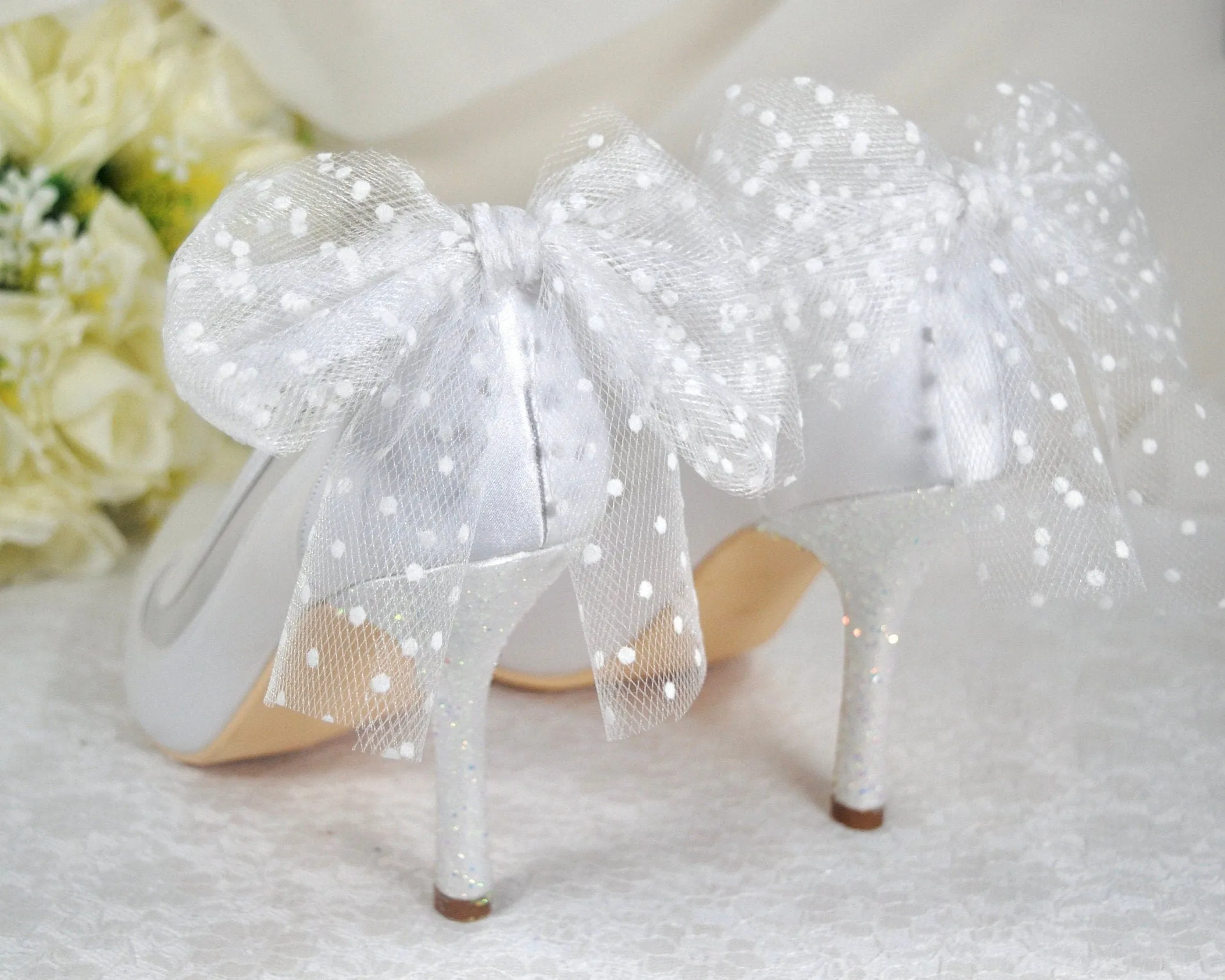 White Sparkling Wedding Shoes, with Bow - Size UK6/US8.5