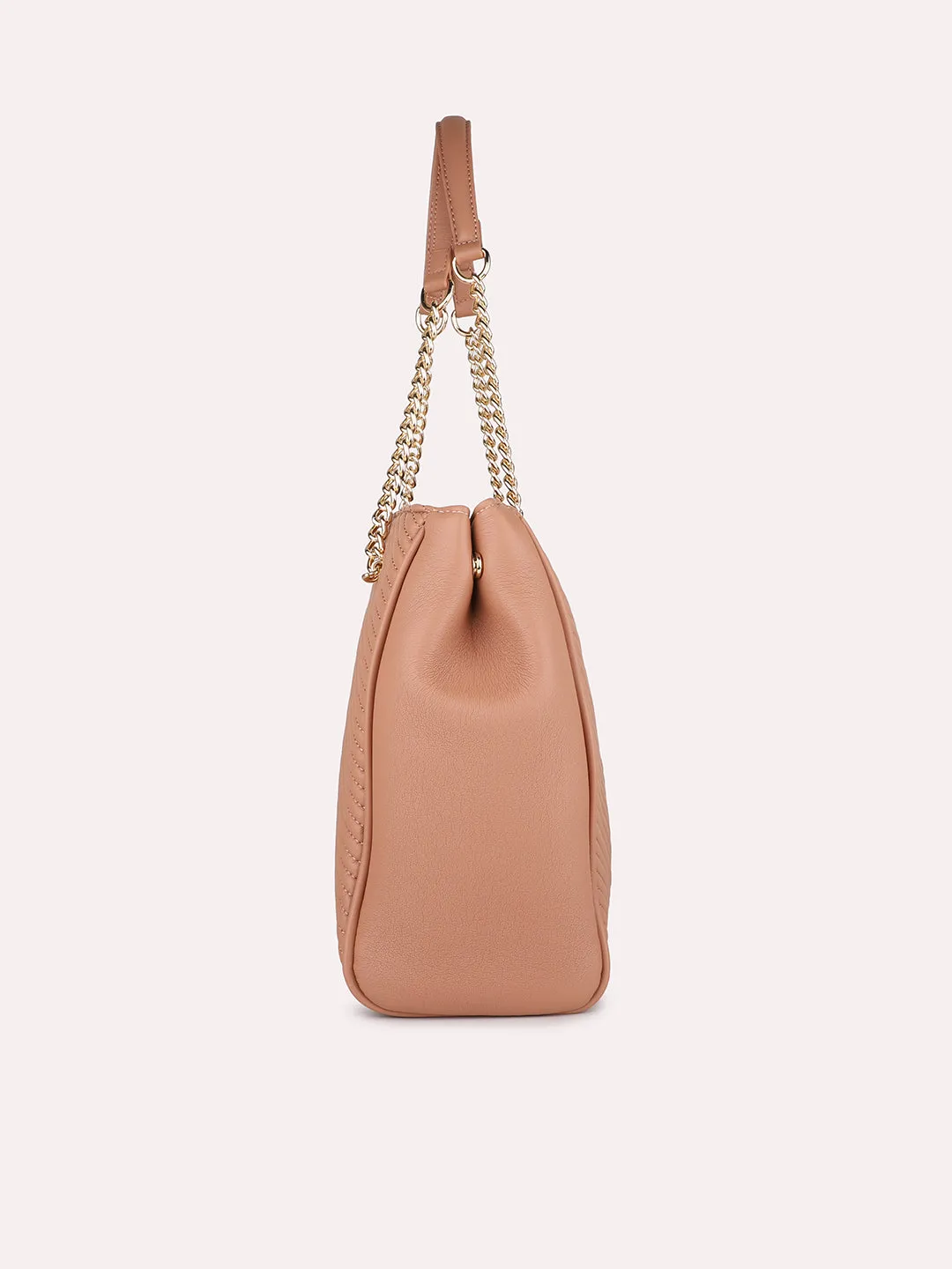 Women Peach Textured Structured Shoulder Bag with Quilted Detailing