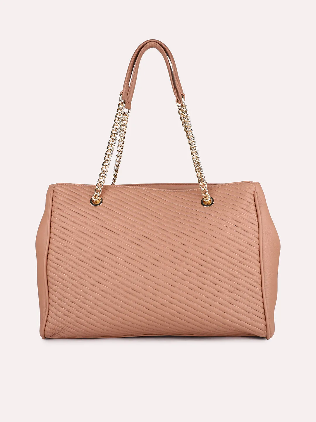 Women Peach Textured Structured Shoulder Bag with Quilted Detailing