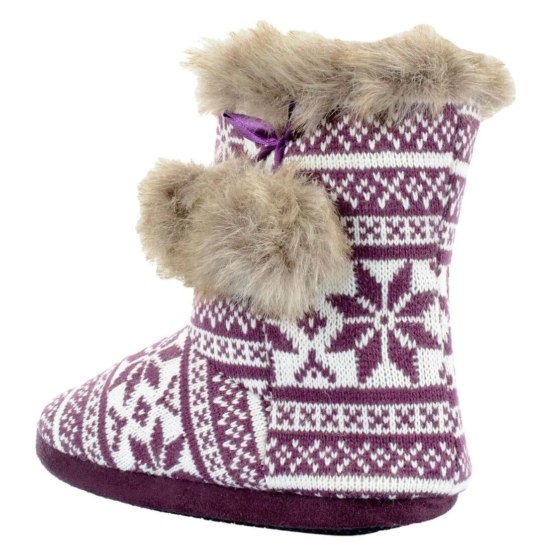 Womens Slipper Boots Fair Isle Nordic Faux Fur Pom Poms